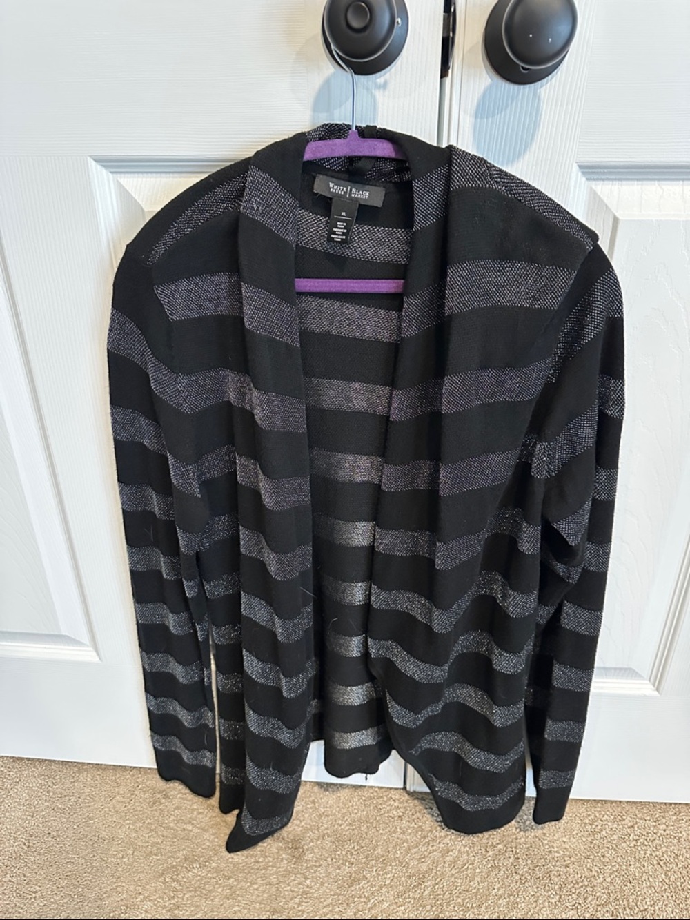 White House Black Market Black & Silver Striped Open Cardigan